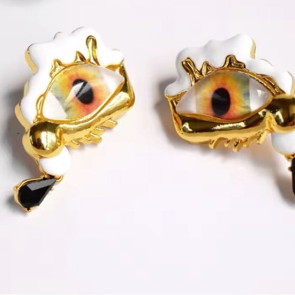 Schiaparelli Surrealist Inspired Earrings Eyes Gold Designer Look - Picture 4 of 9